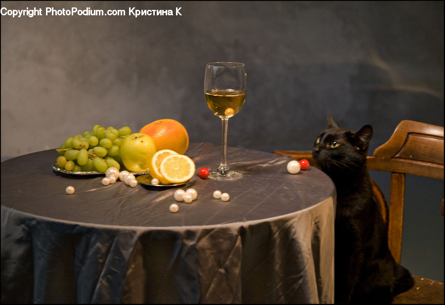 Glass, Fruit, Grapes, Goblet, Animal, Black Cat, Cat