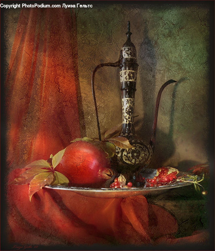 Art, Painting, Still Life, Glass, Goblet, Fruit, Pomegranate