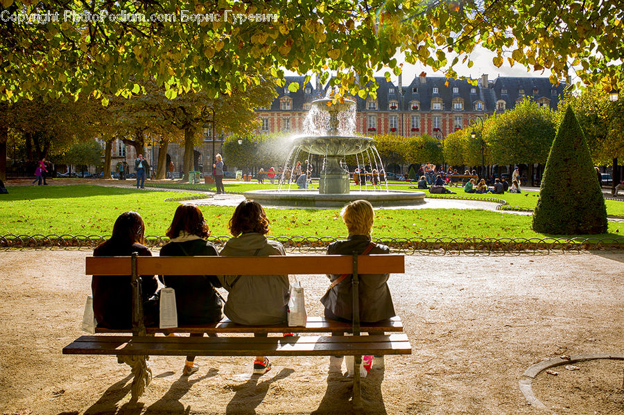 People, Person, Human, Bench, Park Bench, Fountain, Water