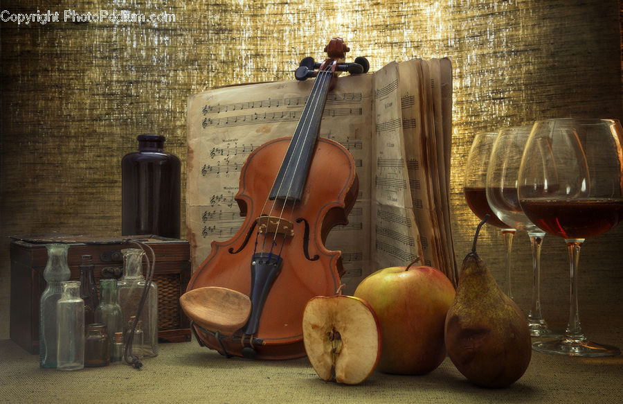 Glass, Cello, Musical Instrument, Apple, Fruit, Fiddle, Violin