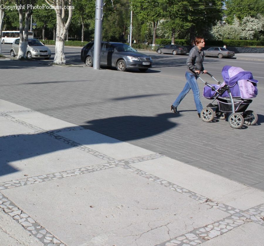 Stroller, Automobile, Car, Vehicle, Bicycle, Bike, Intersection