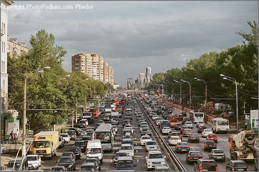 Traffic Jam, Freeway, Road, City, Downtown, Metropolis, Urban