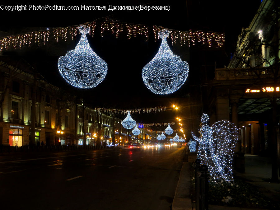 Chandelier, Lamp, Night, Outdoors, Lighting, Fountain, Water