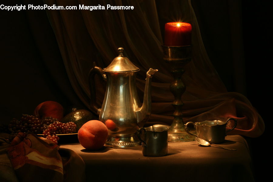 Pot, Pottery, Teapot, Candle, Glass, Goblet, Dining Room