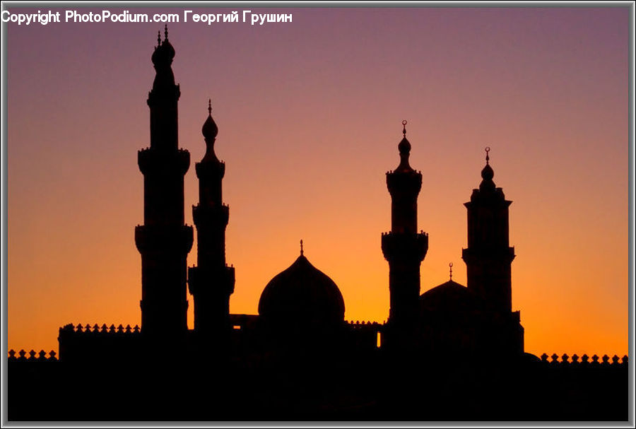 Architecture, Dome, Mosque, Worship, Silhouette, Dusk, Outdoors