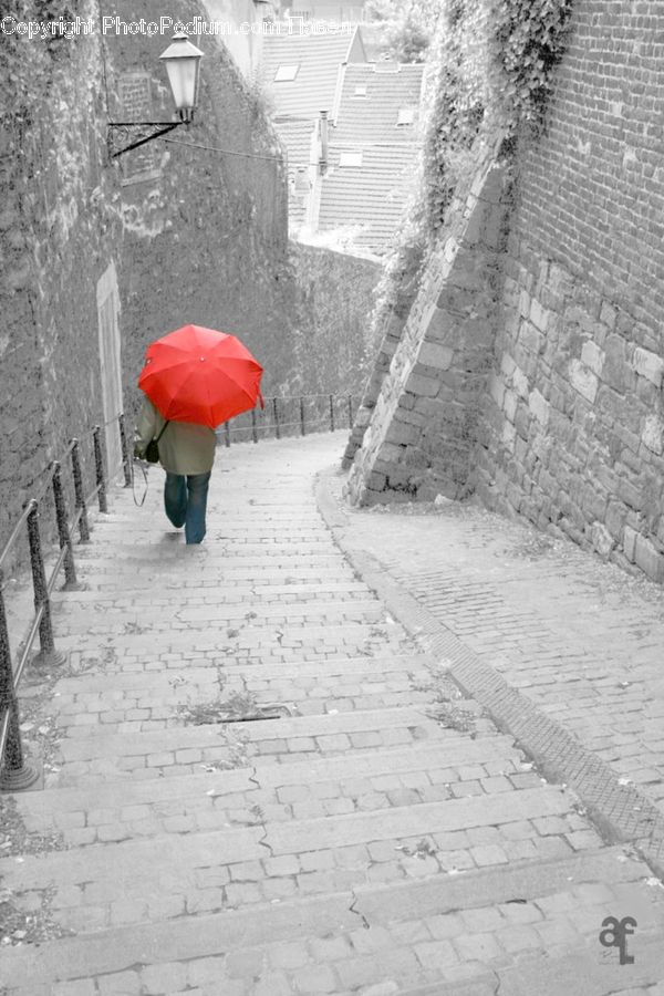Umbrella, Alley, Alleyway, Road, Street, Town, Brick