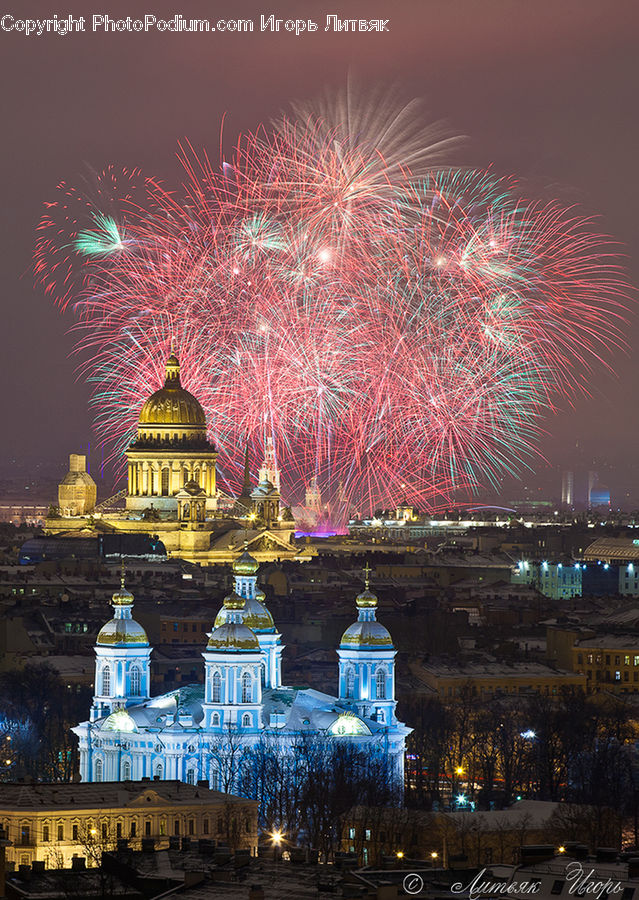 Fireworks, Night, Architecture, Cathedral, Church, Worship, Dome