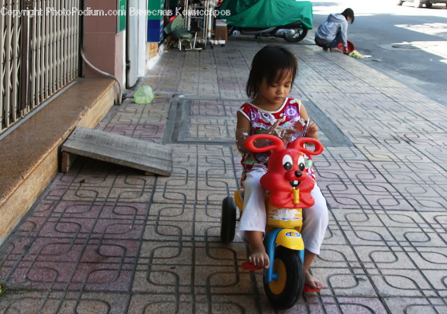 Human, People, Person, Tricycle, Vehicle, Flagstone, Figurine