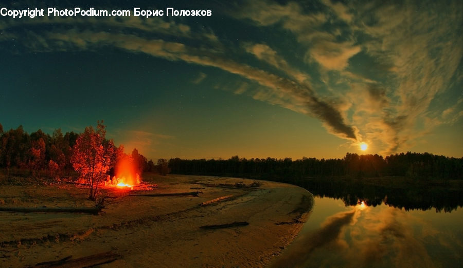 Outdoors, River, Water, Eruption, Volcano, Fire, Flame