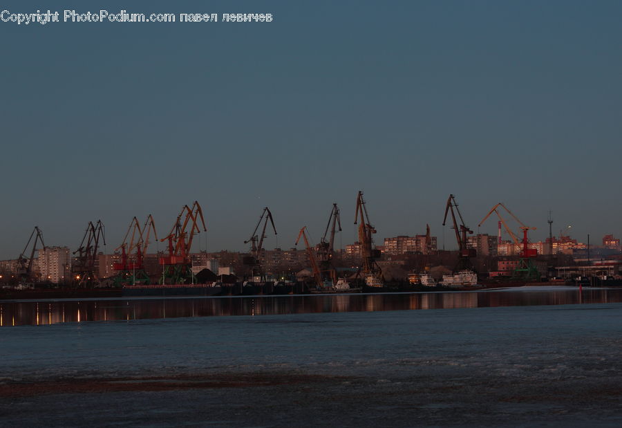 Factory, Refinery, Constriction Crane, Waterfront, Shipping Container, Ferry, Freighter