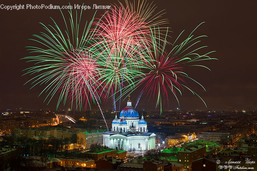 Fireworks, Night, Architecture, Dome, Cathedral, Church, Worship