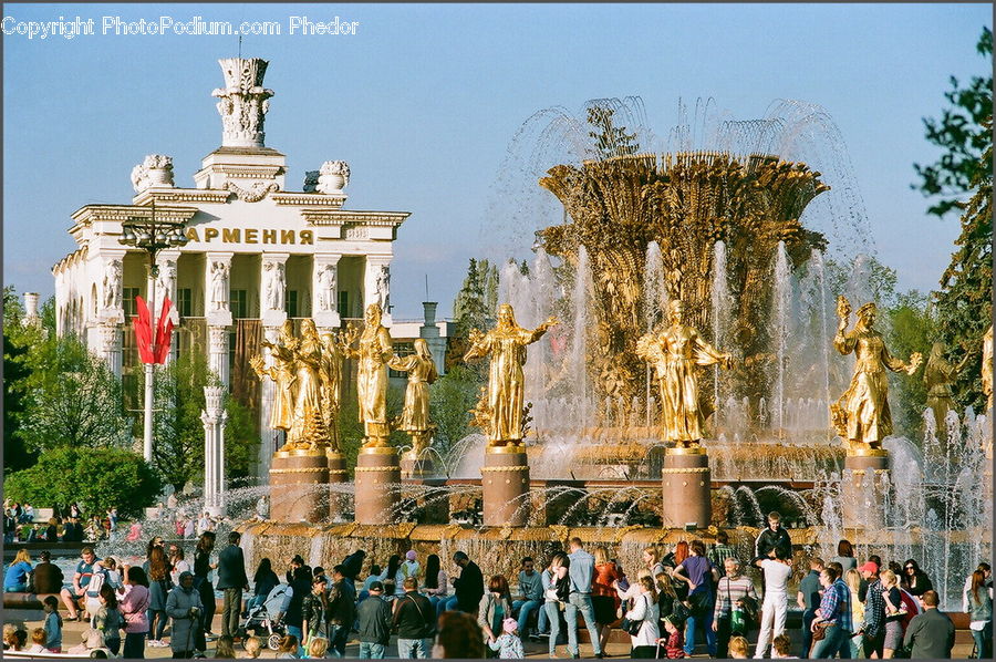 Fountain, Water, Crowd, Architecture, Castle, Mansion, Palace