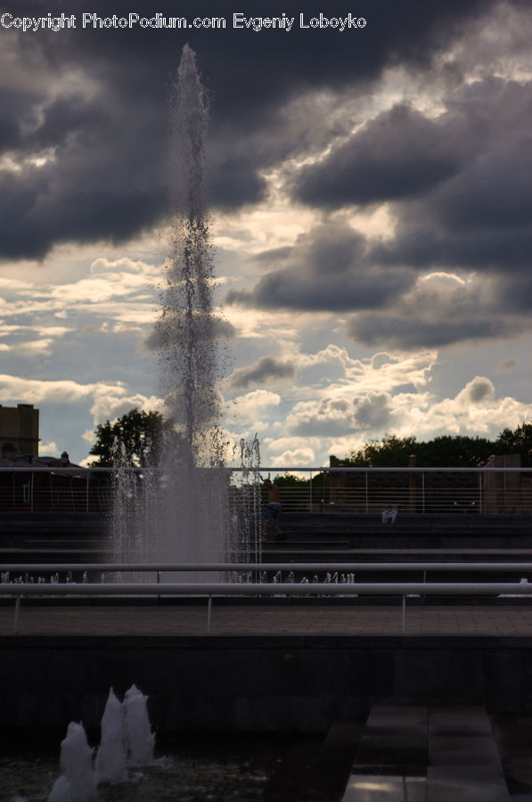 Fountain, Water, Bench, City, Downtown, Building, Cloud