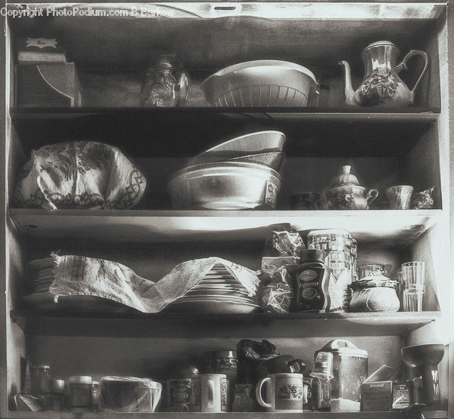 Shelf, Cupboard, Furniture, Cabinet, China Cabinet, Jar, Pot
