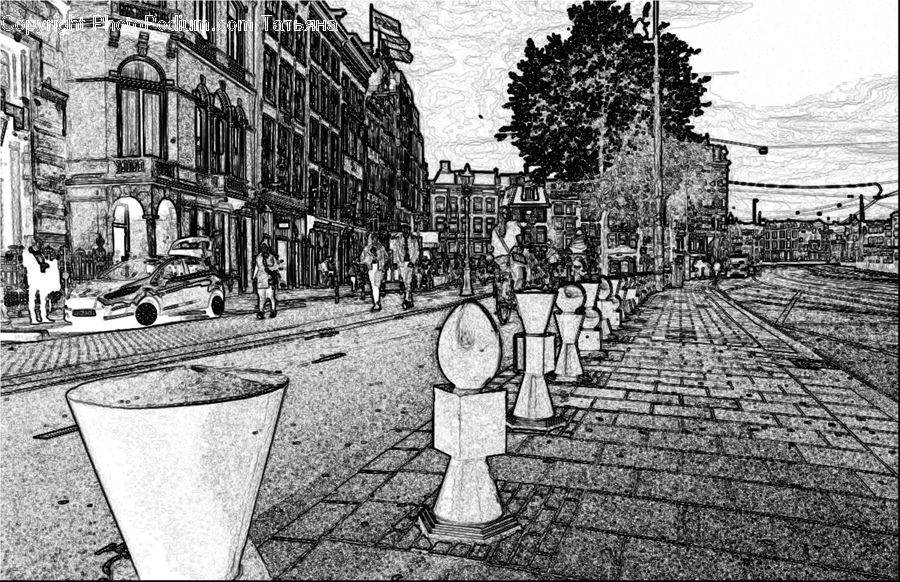 Cobblestone, Pavement, Walkway, Drawing, Sketch, Building, Downtown