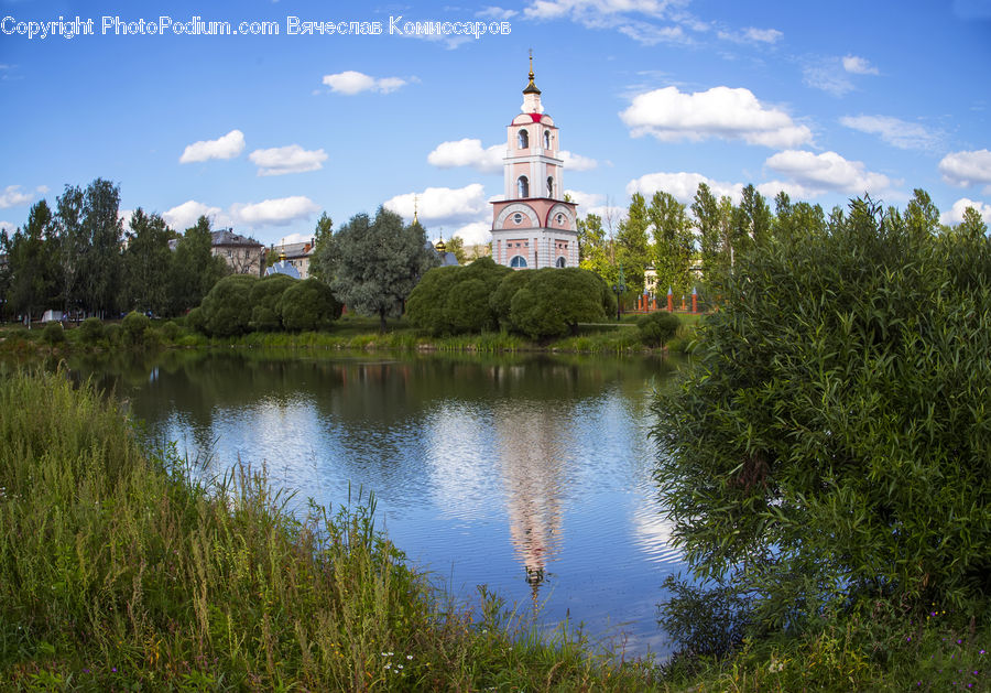 Architecture, Bell Tower, Clock Tower, Tower, Outdoors, Pond, Water