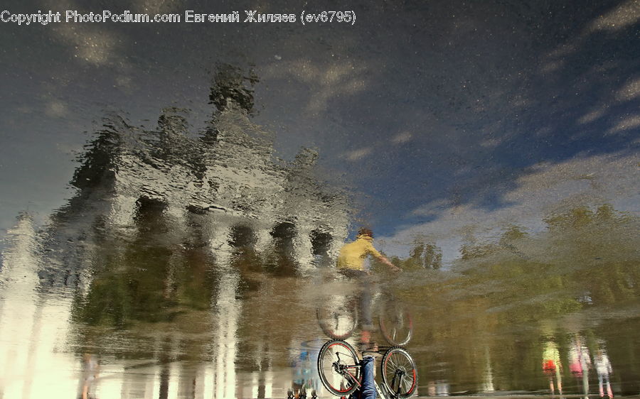Bicycle, Bike, Vehicle, Puddle, Fountain, Water, Dirt Road