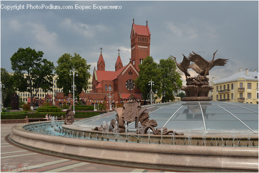 Fountain, Water, Architecture, Downtown, Plaza, Town Square, Cathedral