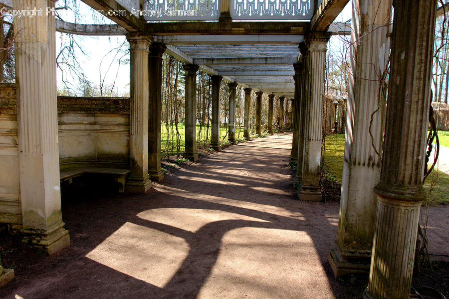 Patio, Pergola, Porch, Column, Pillar, Crypt, Asphalt