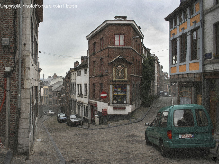 Car, Van, Road, Street, Town, Cobblestone, Pavement