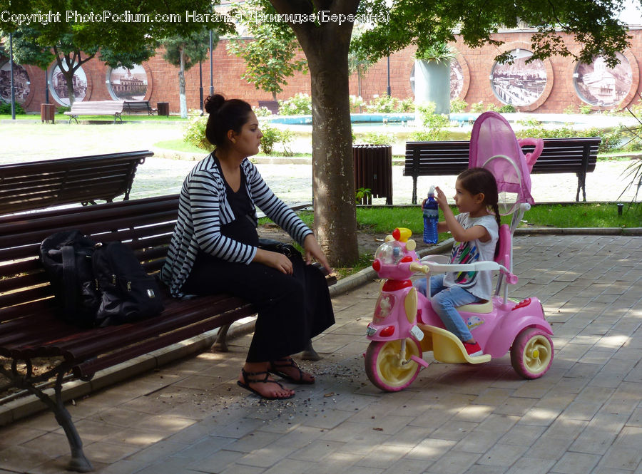 People, Person, Human, Tricycle, Vehicle, Bench, Park Bench