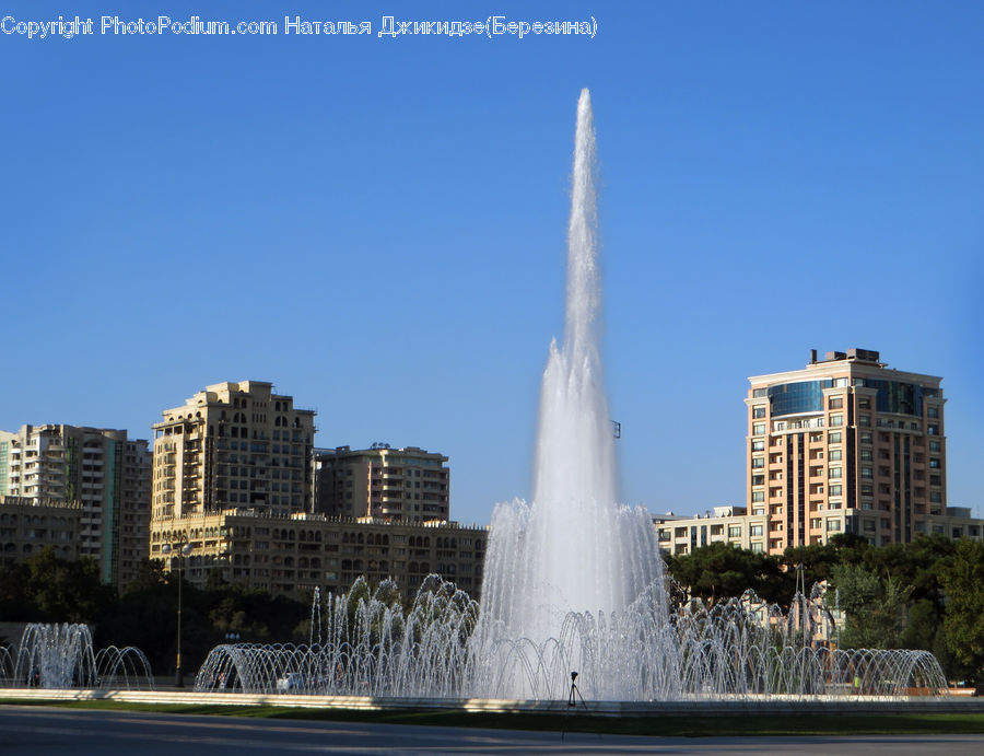 Fountain, Water, Building, Housing, City, Downtown, Metropolis