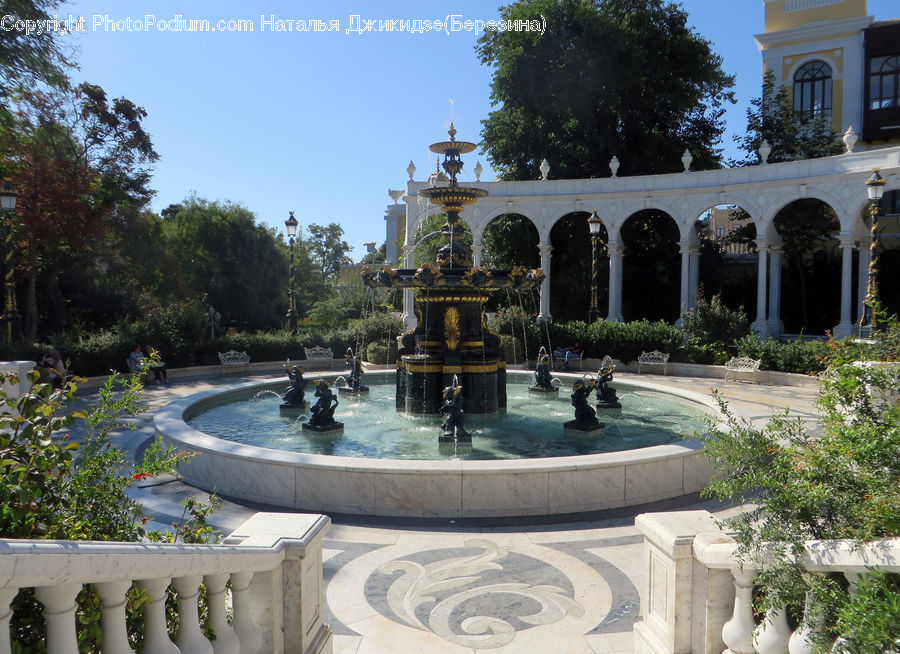Fountain, Water, Building, Housing, Villa, Tomb, Patio