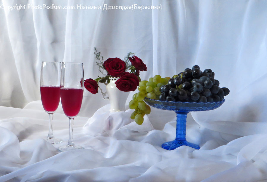Glass, Goblet, Blueberry, Fruit, Grapes, Bowl, Water