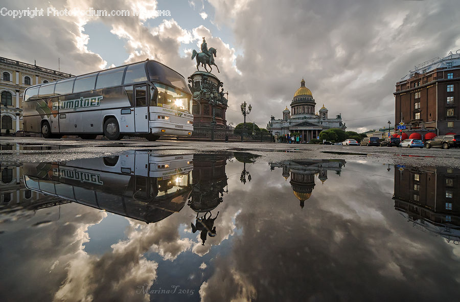 Bus, Vehicle, Architecture, Cathedral, Church, Worship, Puddle