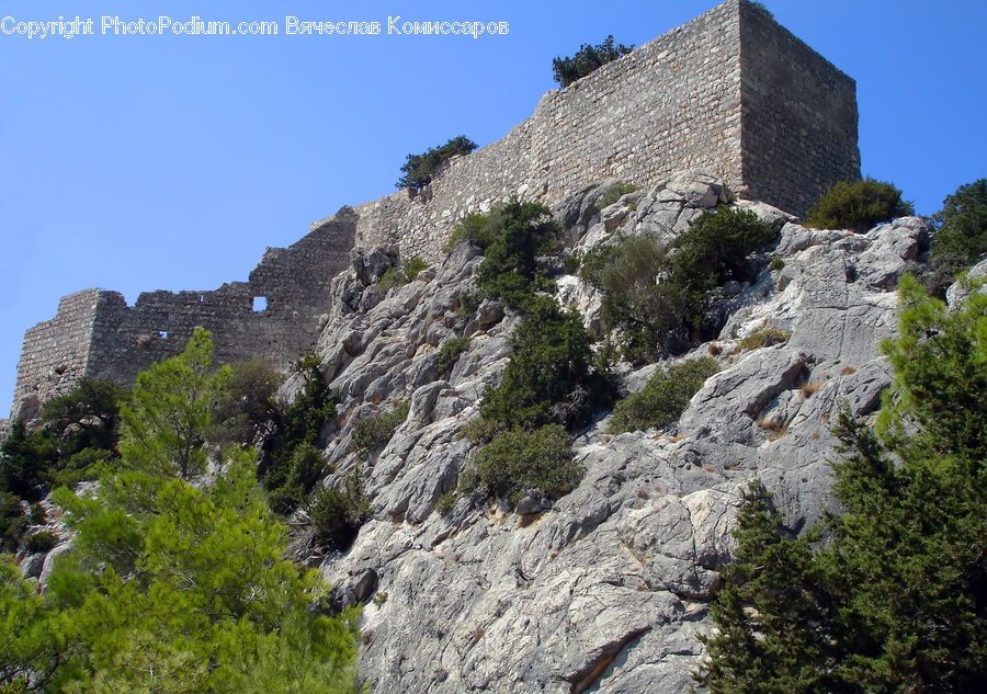 Crest, Mountain, Outdoors, Peak, Ruins, Rock, Bush