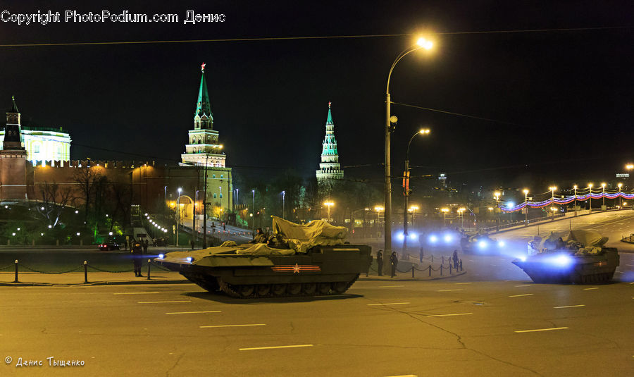 Army, Tank, Vehicle, Night, Outdoors, Architecture, Downtown