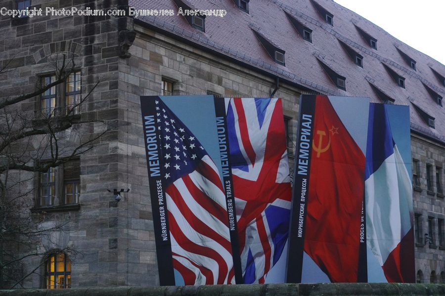 Emblem, Flag, Building, Brick, City, Downtown, Urban