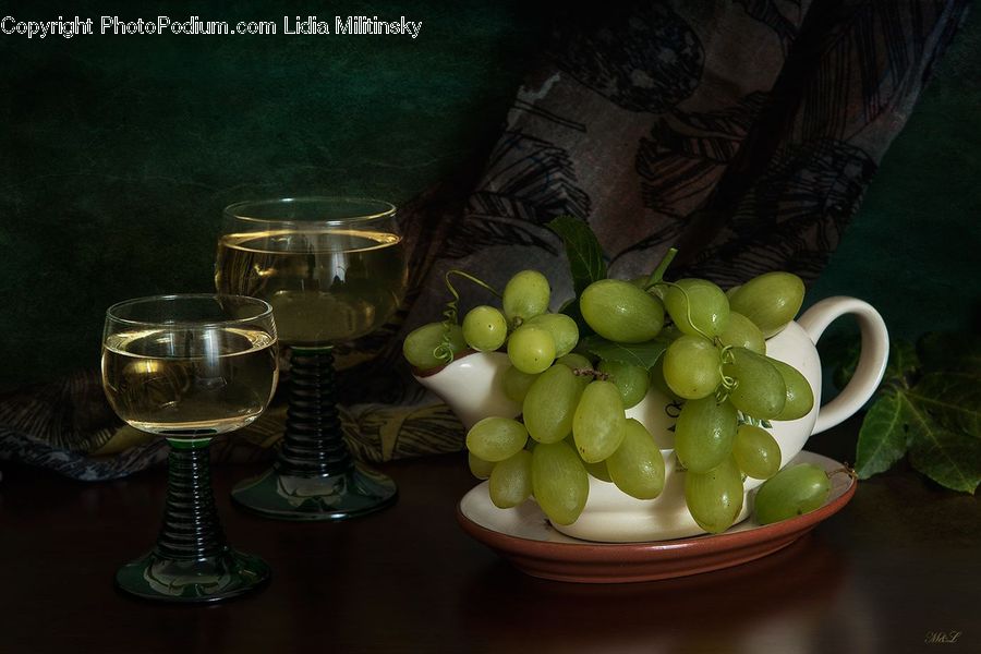 Fruit, Grapes, Glass, Goblet, Dish, Food, Plate