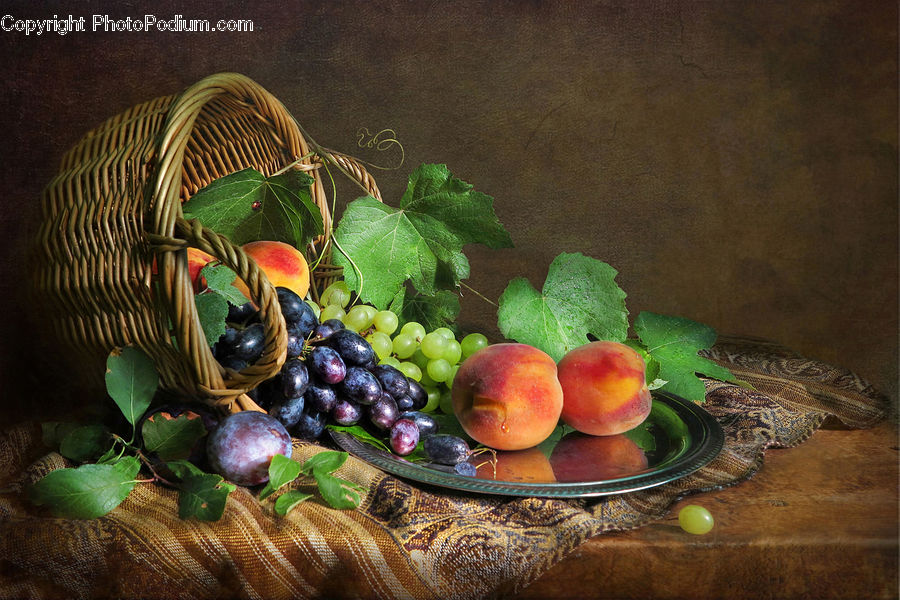 Basket, Market, Produce, Fruit, Grapes, Plum, Peach