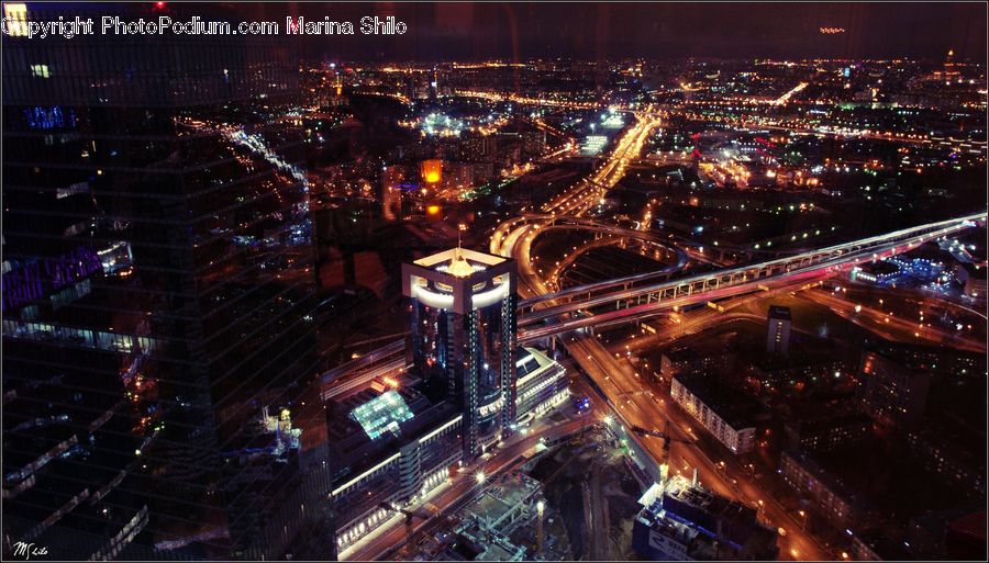 City, Downtown, Metropolis, Urban, Aerial View, Night, Outdoors