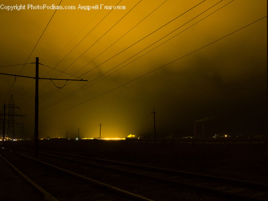 Factory, Refinery, Cable, Electric Transmission Tower, Power Lines, Dawn, Dusk