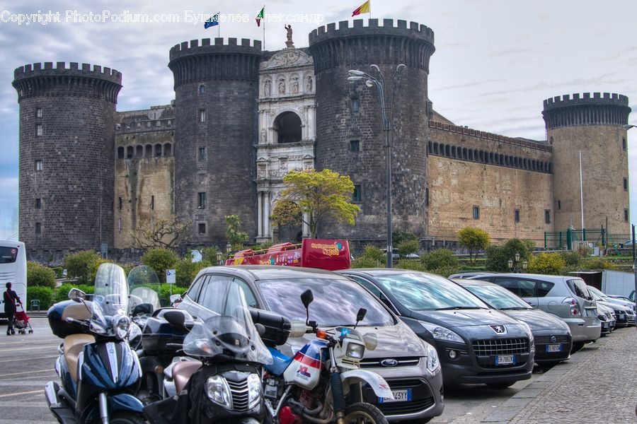 Scooter, Vehicle, Automobile, Car, Architecture, Castle, Fort