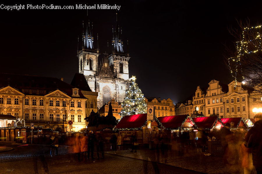 Architecture, Downtown, Plaza, Town Square, Town, Night, Outdoors