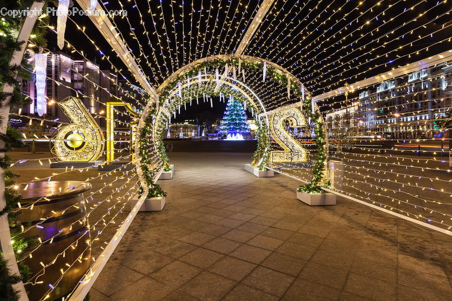 Arch, Lighting, Arbour, Aisle, Corridor, City, Downtown