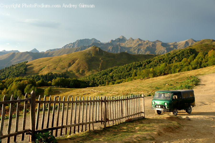 Car, Van, Railing, Dirt Road, Gravel, Road, Building