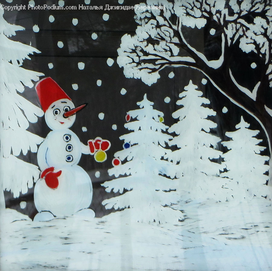 Ice, Snow, Snowman, Winter, Doodle, Drawing, Bird