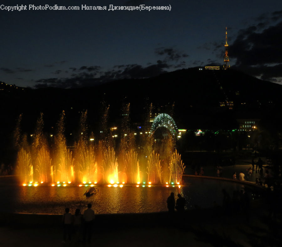 Fountain, Water, Night, Outdoors, Architecture, Tower, Gear