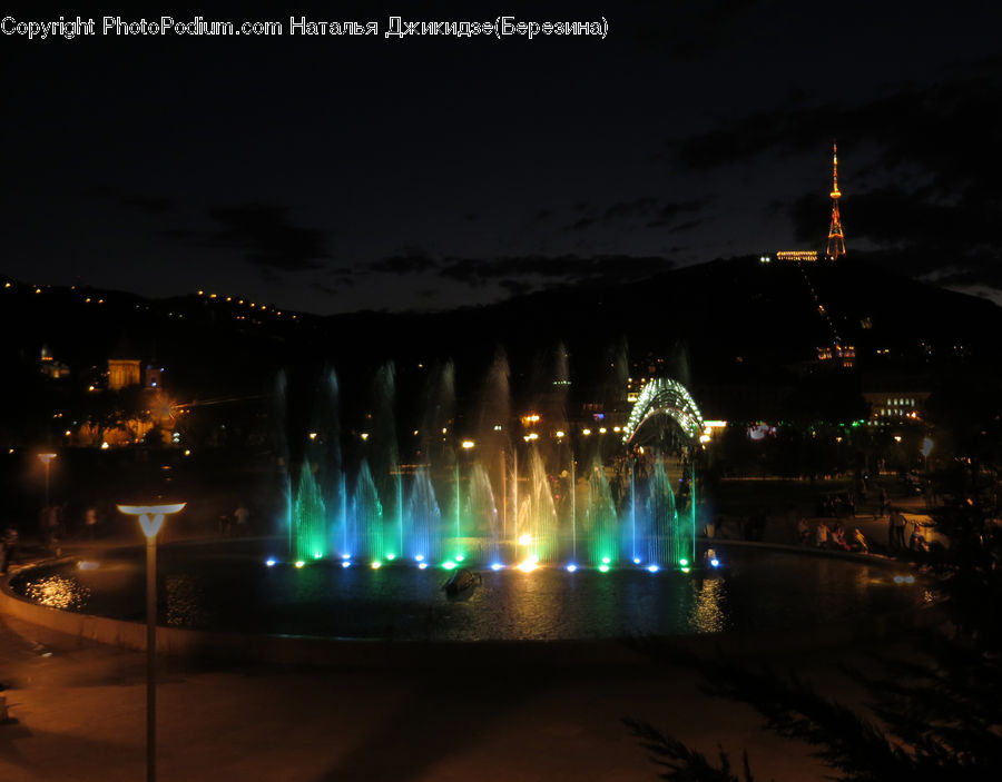 Fountain, Water, Night, Outdoors, Lighting, City, Downtown