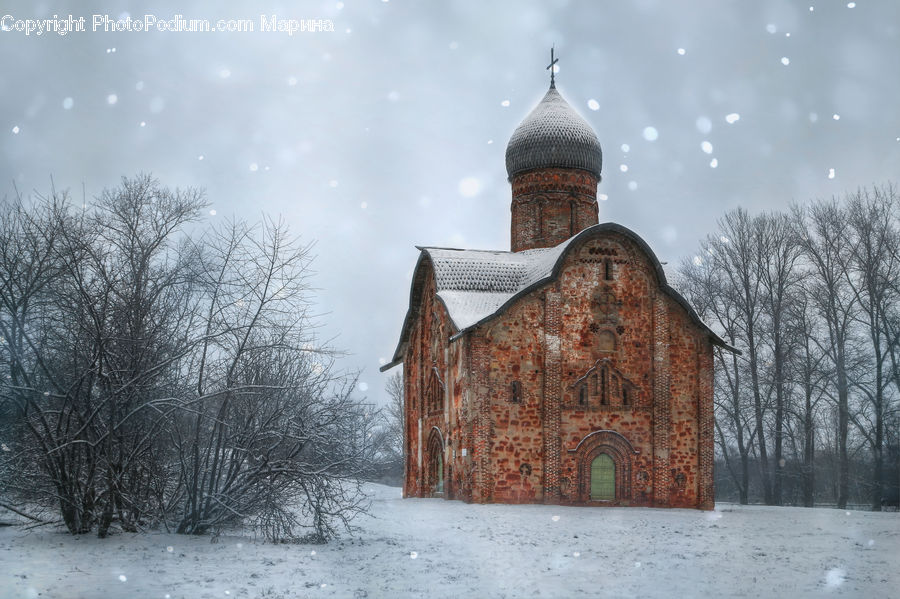 Architecture, Church, Worship, Brick, Blizzard, Outdoors, Snow