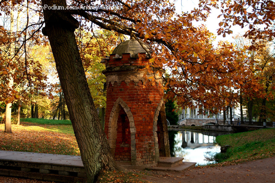 Brick, Arch, Park, Outdoors, Pond, Water, Campus