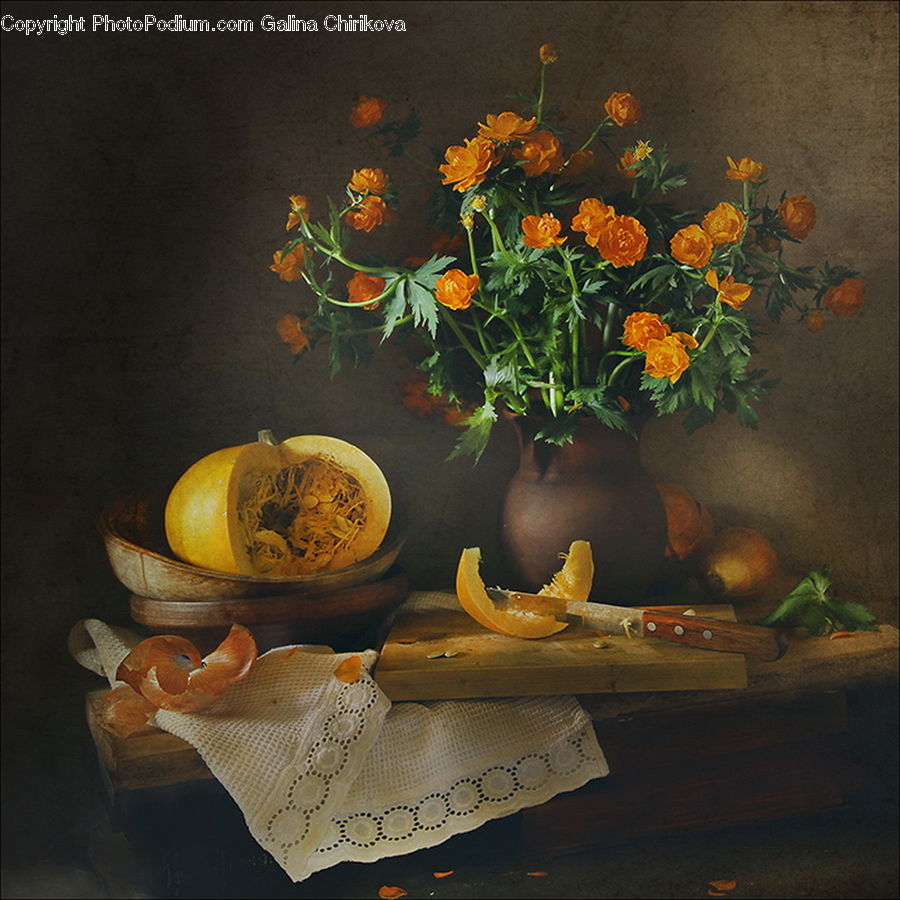 Plant, Potted Plant, Pumpkin, Squash, Vegetable, Art, Painting