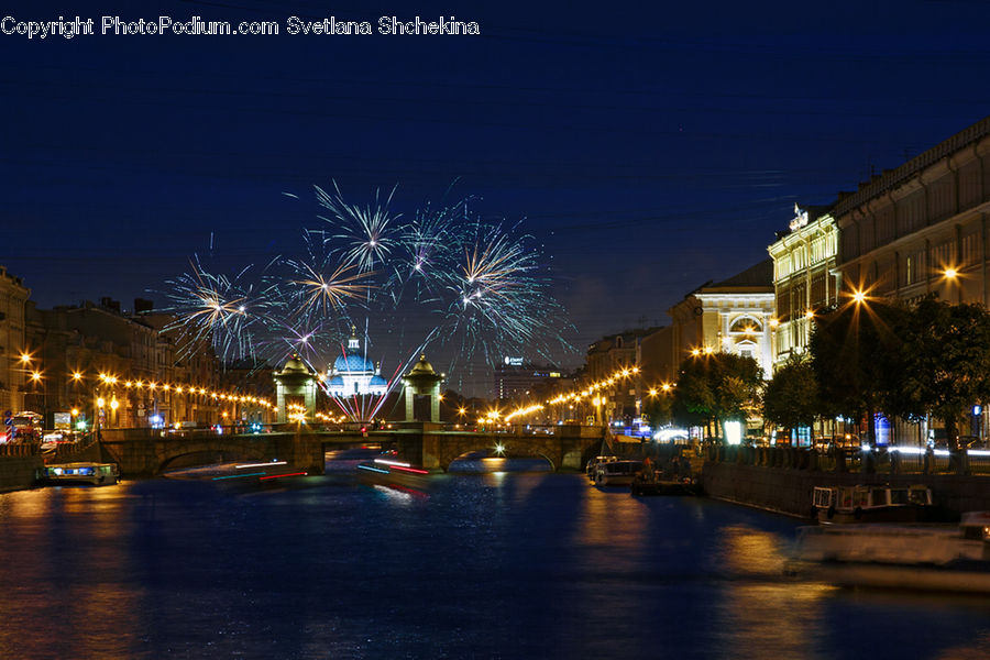 Canal, Outdoors, River, Water, Fireworks, Night, City