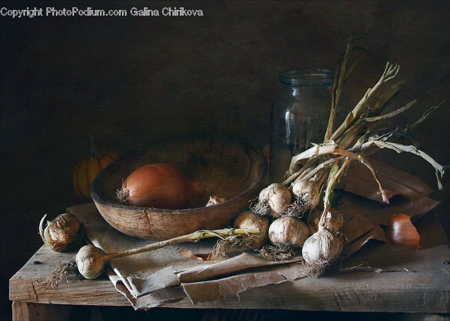 Garlic, Plant, Pot, Pottery, Produce, Vegetable, Bowl