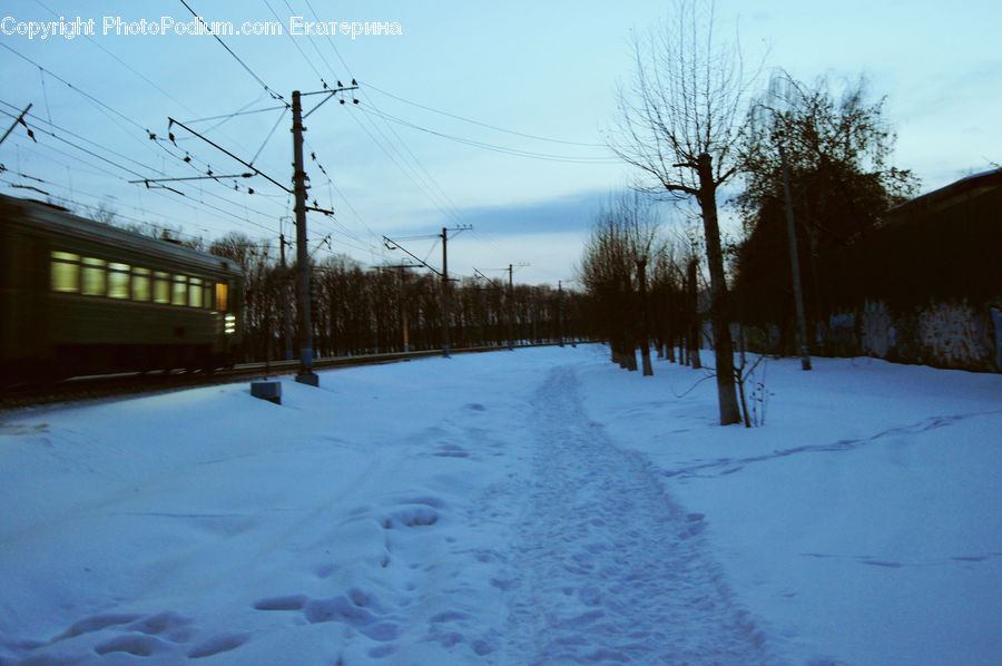 Train, Vehicle, Ice, Outdoors, Snow, Footprint, Dirt Road