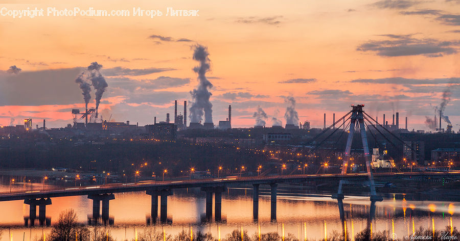 Factory, Refinery, Bridge, Dawn, Dusk, Sky, Sunrise